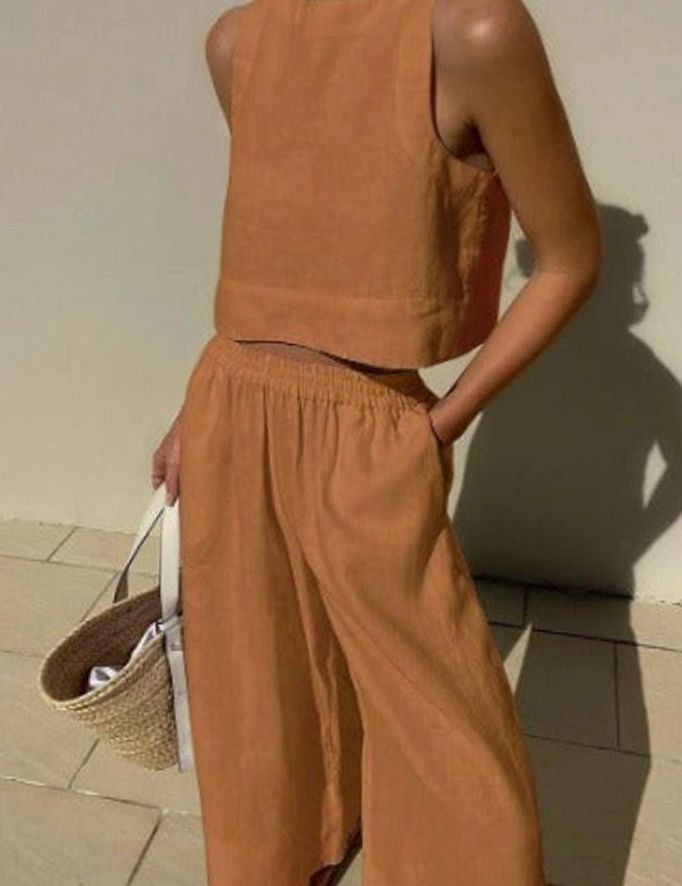 Women's Linen Two-Piece Set Sleeveless Crop Top Wide-Leg Trousers - Brown