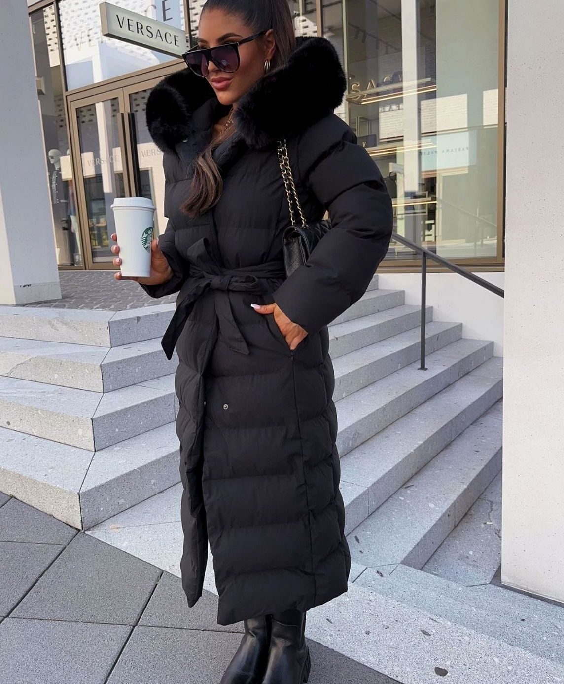 Women's Long Belted Fur-Hood Puffer Coats Maxi Winter Quilted - Black
