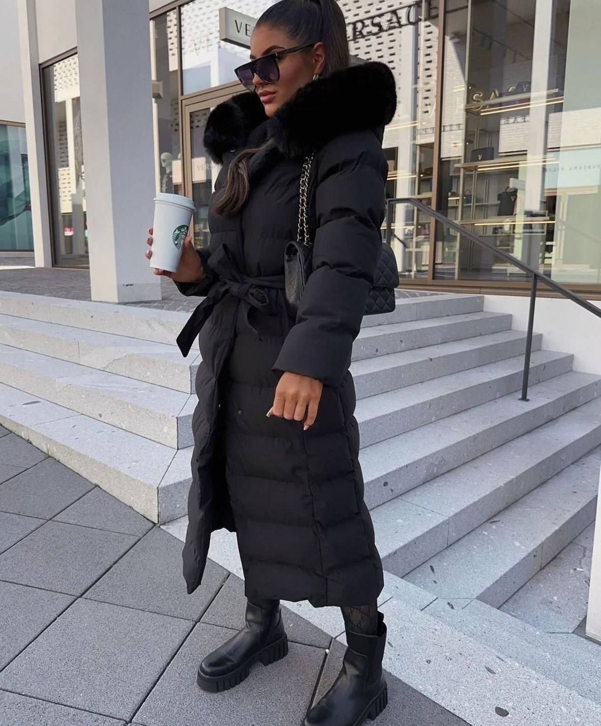 Women's Long Belted Fur-Hood Puffer Coats Maxi Winter Quilted