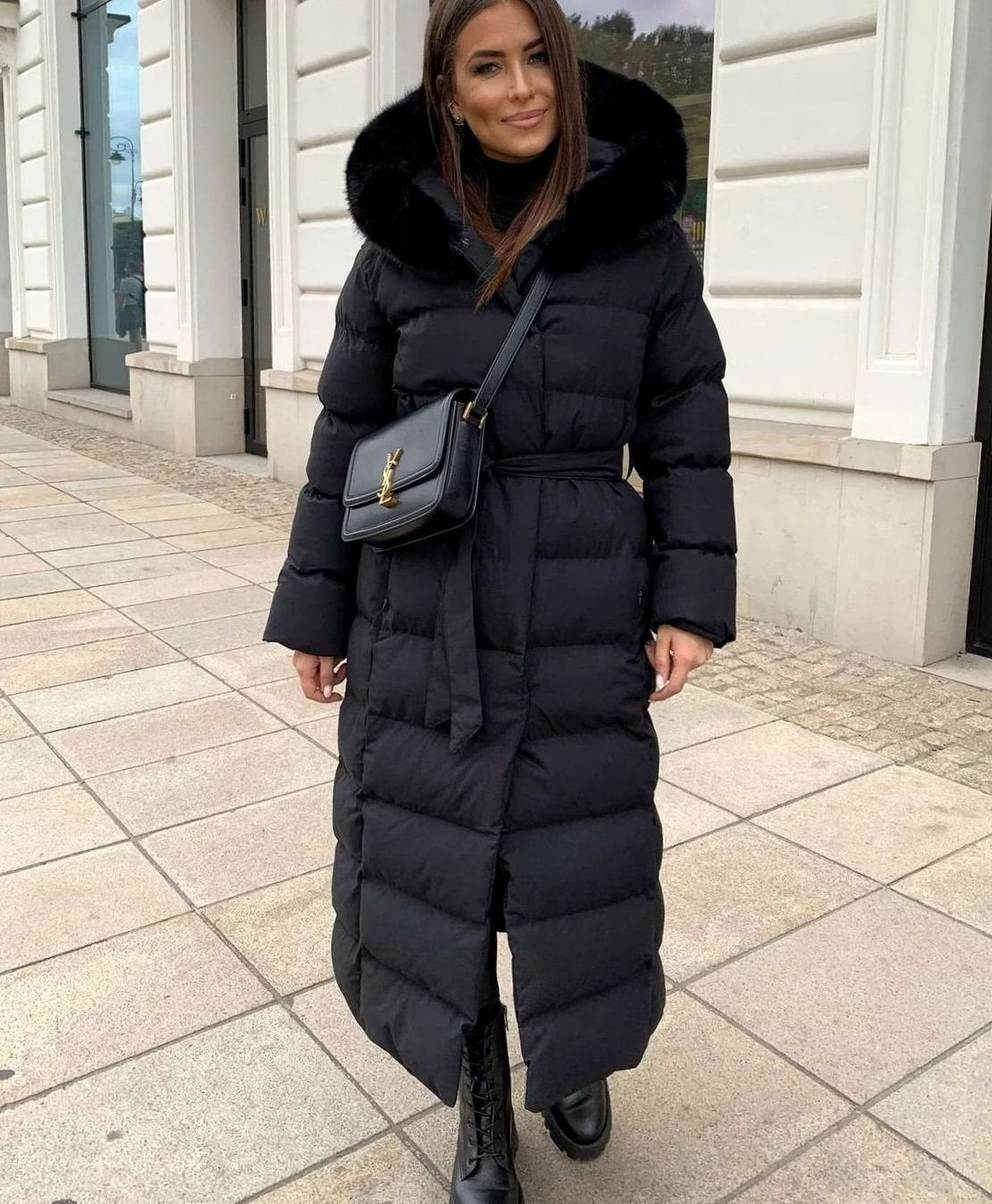 Women's Long Belted Fur-Hood Puffer Coats Maxi Winter Quilted
