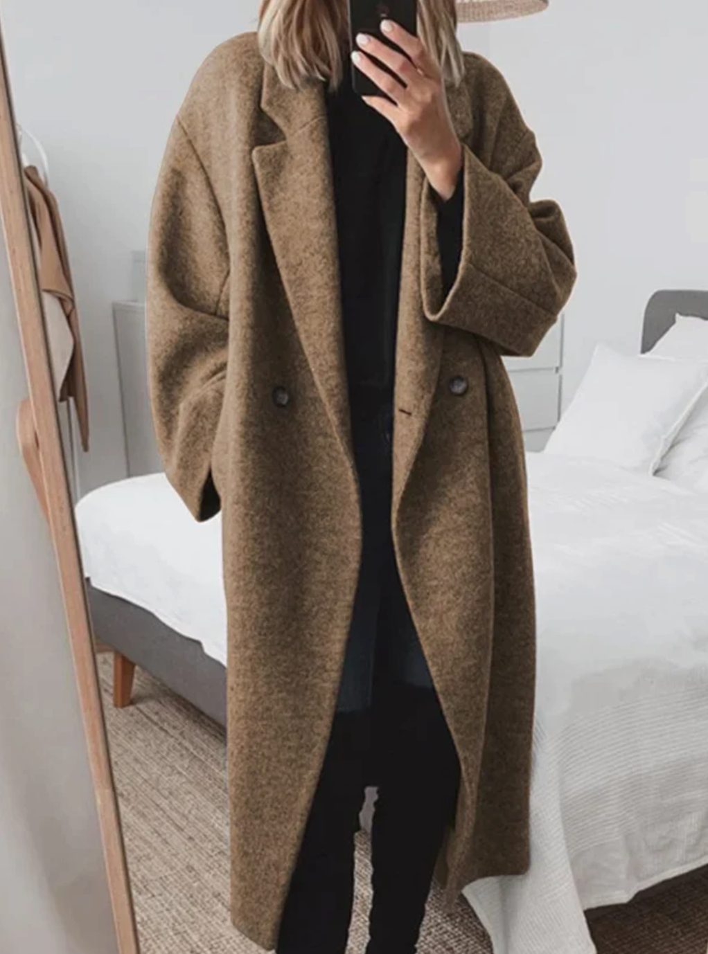 Women's Long Double-Breasted Tailored Overcoat - Brown