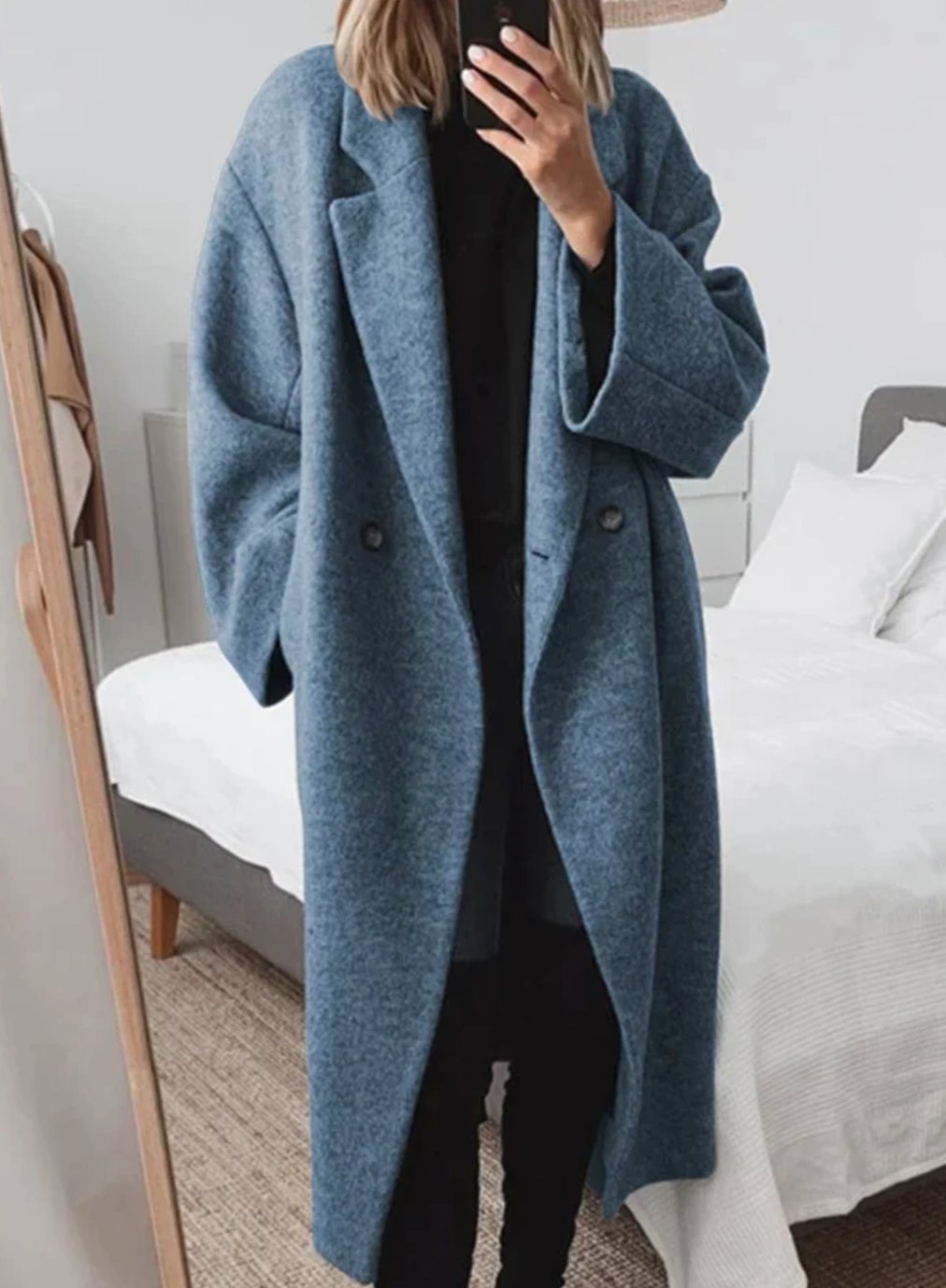 Women's Long Double-Breasted Tailored Overcoat - Blue