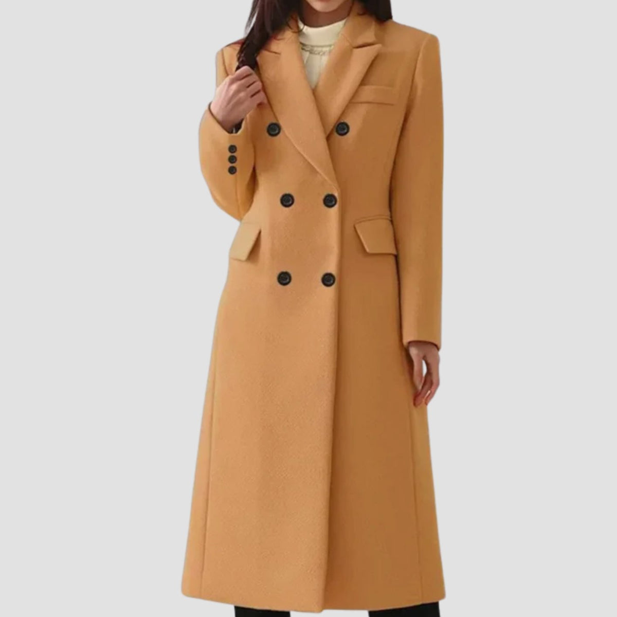 Women's Long Double-Breasted Tailored Wool Coat - Brown