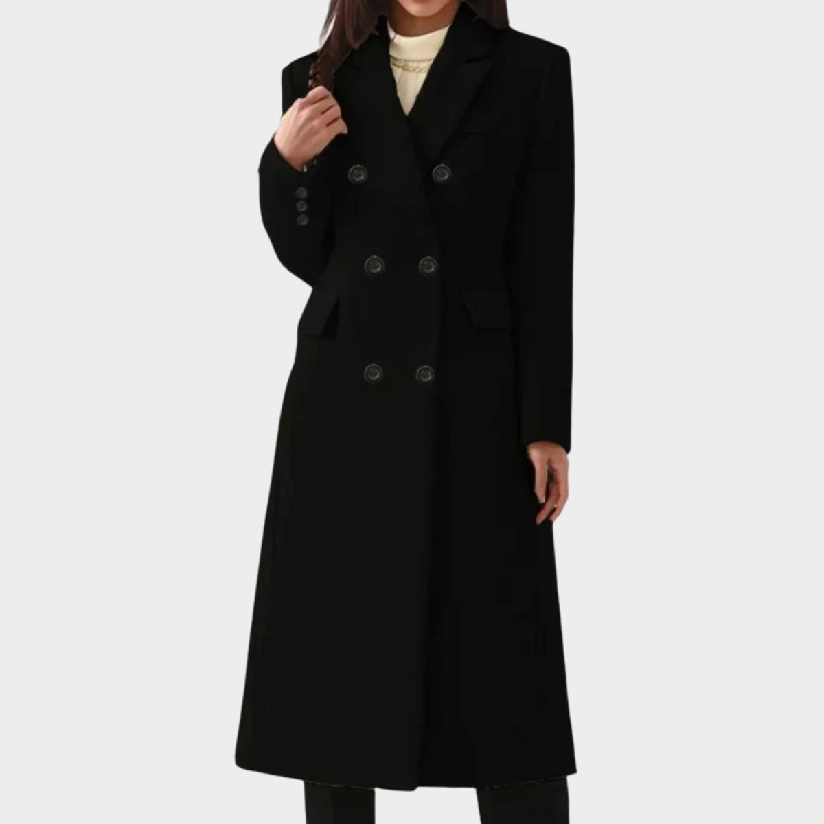 Women's Long Double-Breasted Tailored Wool Coat - Black