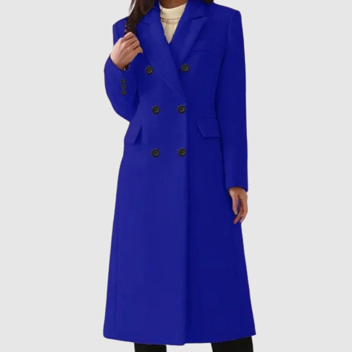 Women's Long Double-Breasted Tailored Wool Coat - Blue