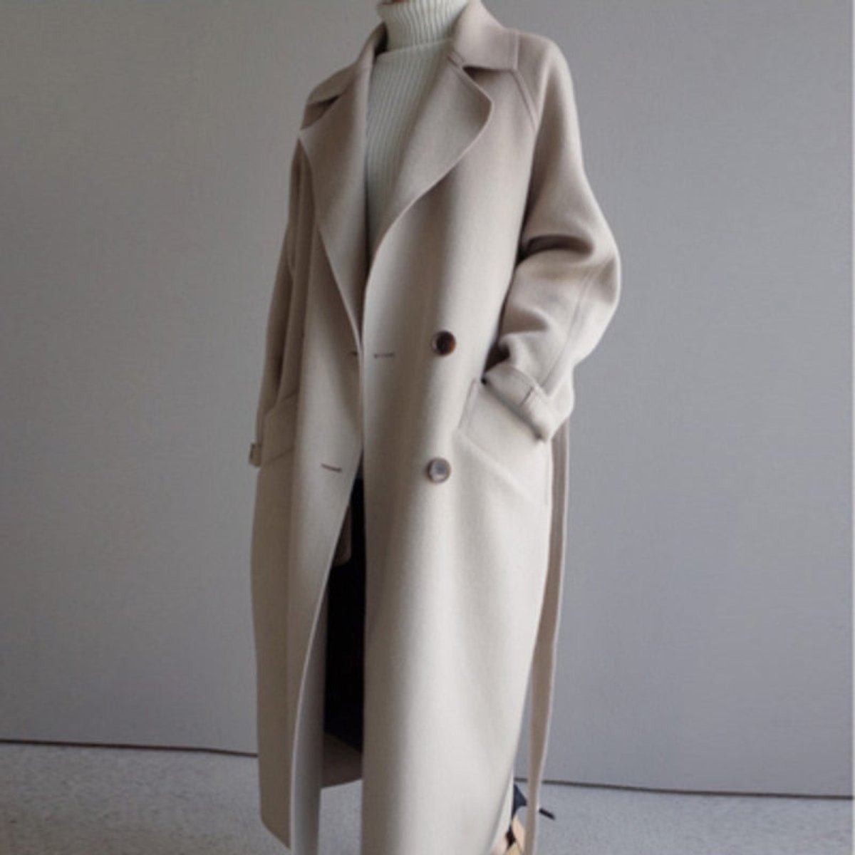Women's Long Double-Breasted Wool-Blend Oversized Coat - Off-White