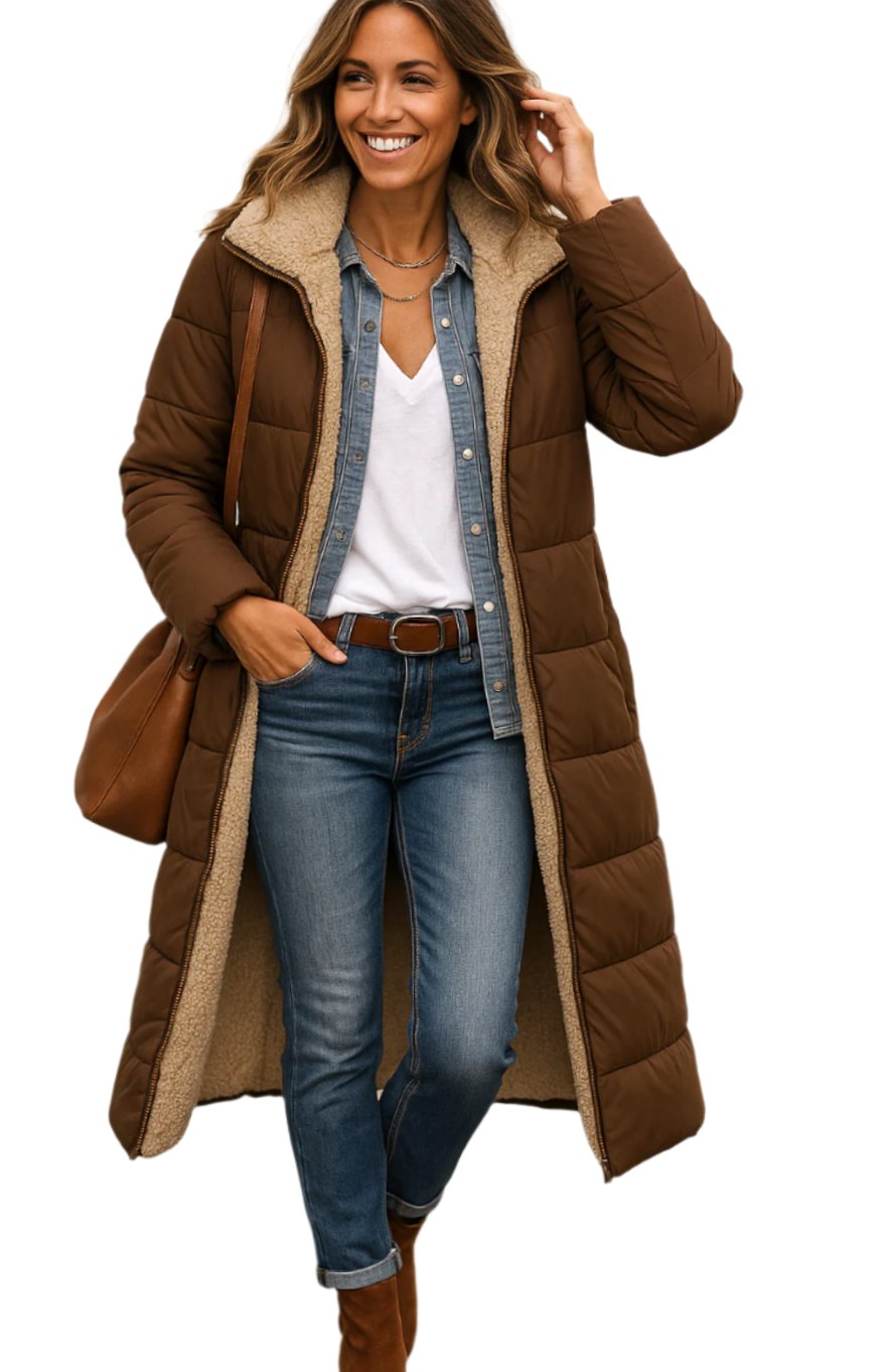 Women's Long Hooded Quilted Sherpa-Lined Winter Coat - Brown