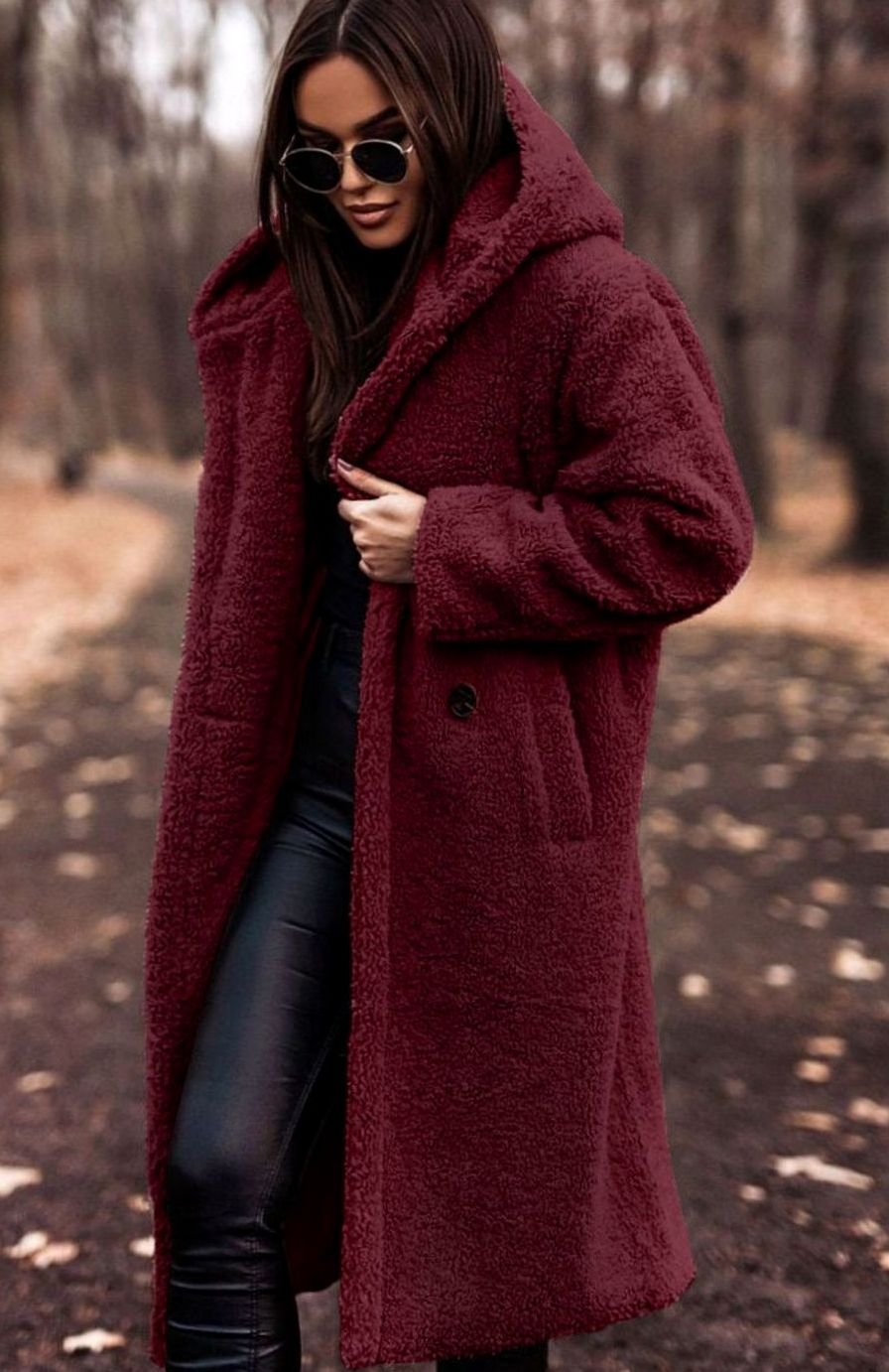 Women's Long Hooded Teddy Coat Relaxed-Fit Fluffy Overcoat - Red