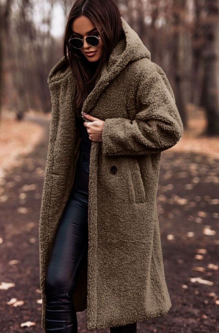 Women's Long Hooded Teddy Coat Relaxed-Fit Fluffy Overcoat - Khaki