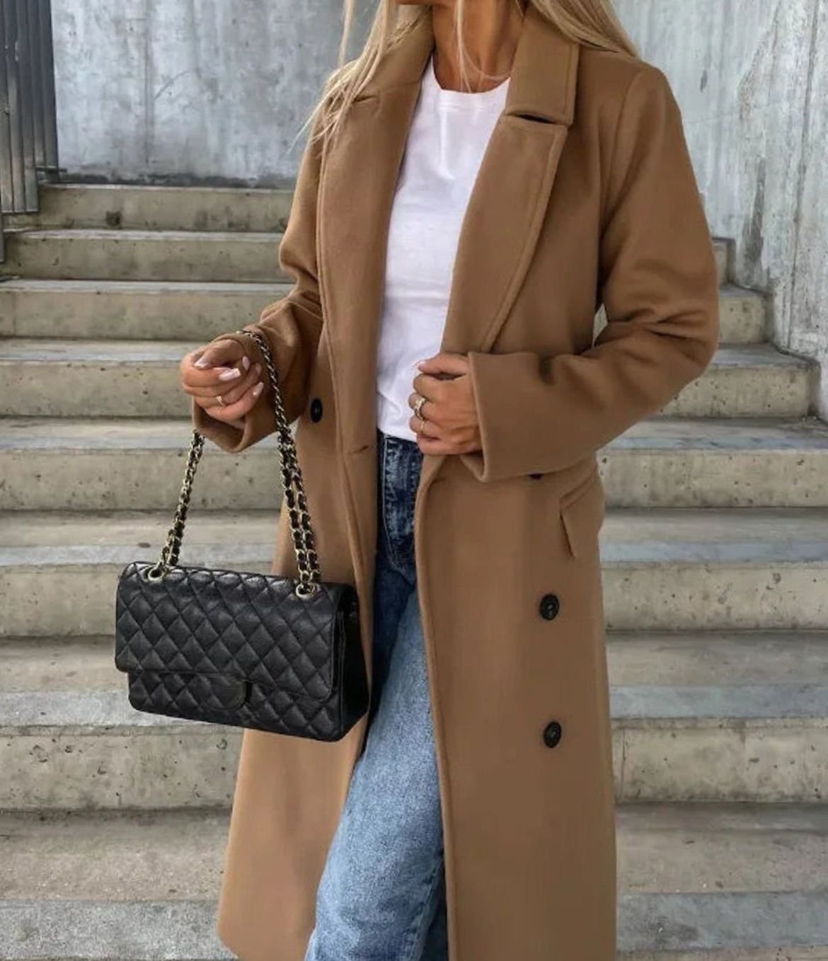 Women's Long Lapel Double-Breasted Button Front Coat - Light Brown