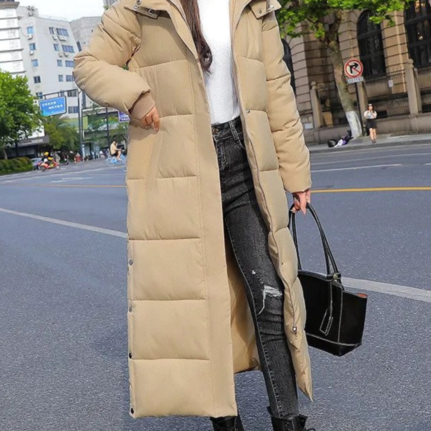 Women's Long Quilted Padded Maxi Winter Coat - Khaki