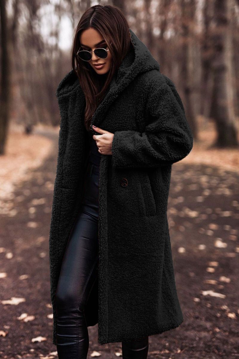 Women's Long Relaxed-Fit Teddy Fleece Winter Coat Jacket - Black