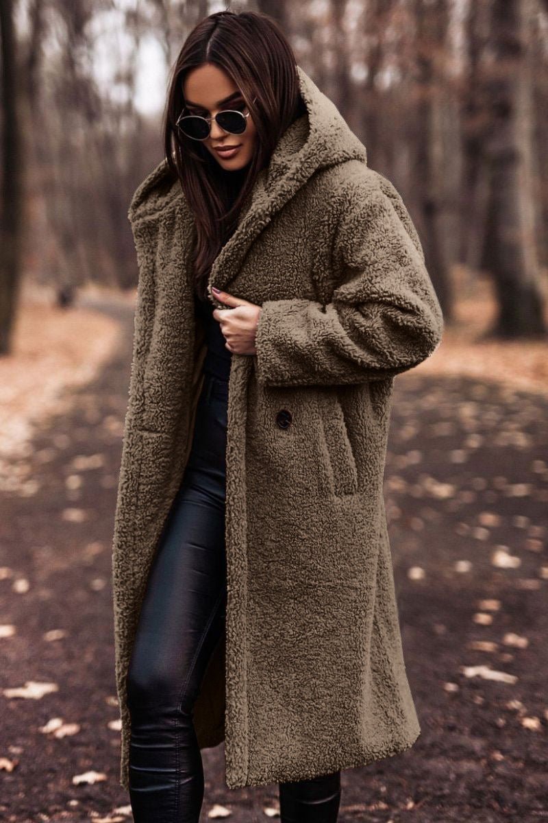Women's Long Relaxed-Fit Teddy Fleece Winter Coat Jacket - Khaki