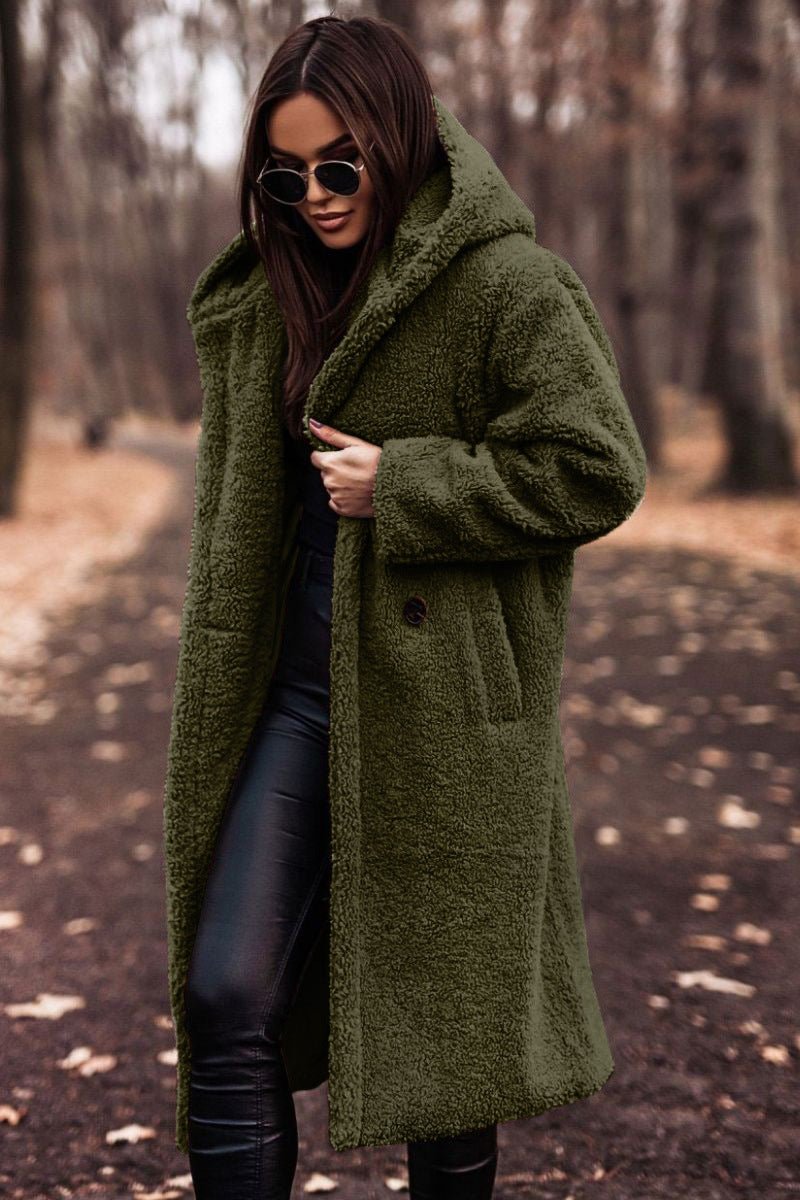 Women's Long Relaxed-Fit Teddy Fleece Winter Coat Jacket - Dark Green
