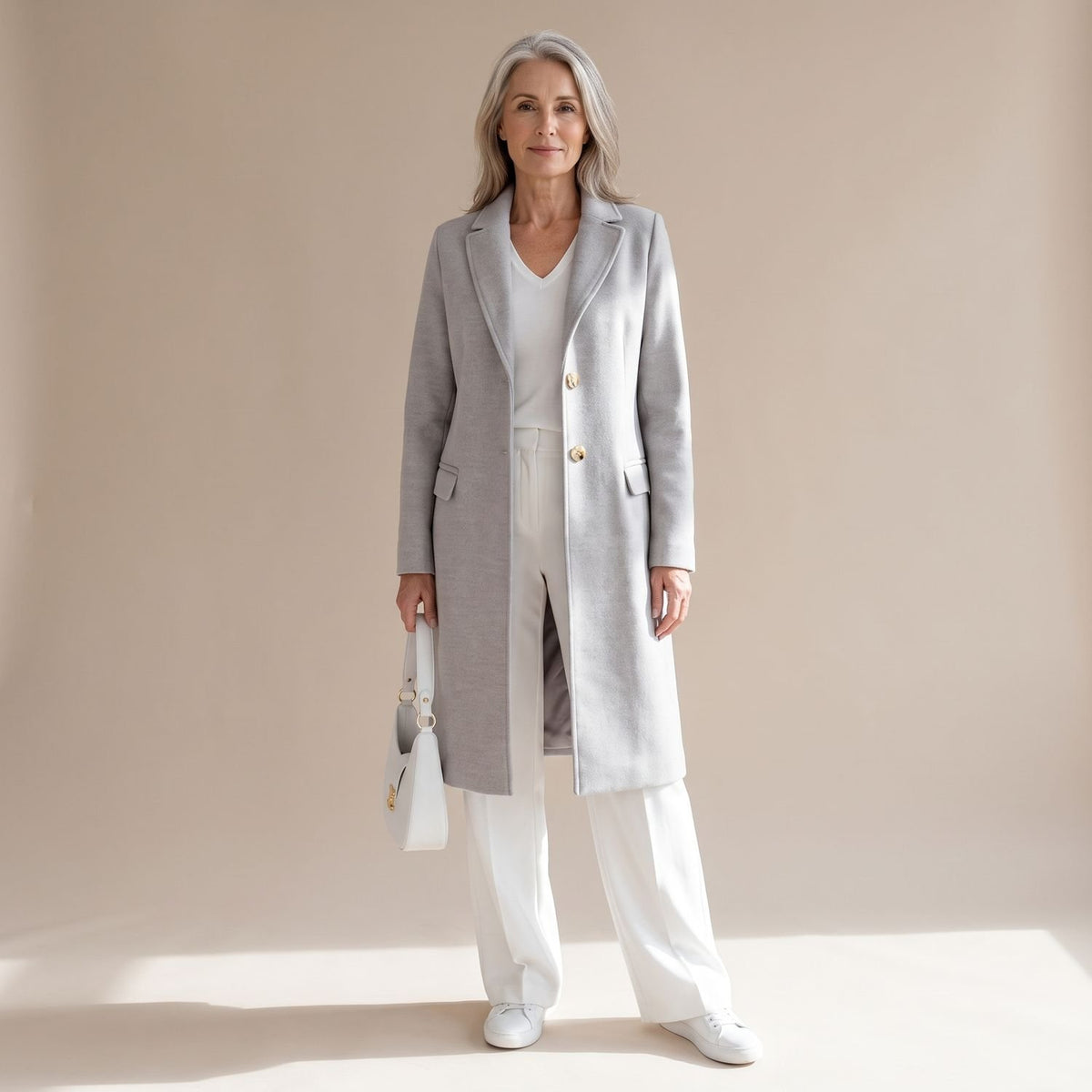 Women's Long Single-Breasted Tailored Wool Coat - Grey