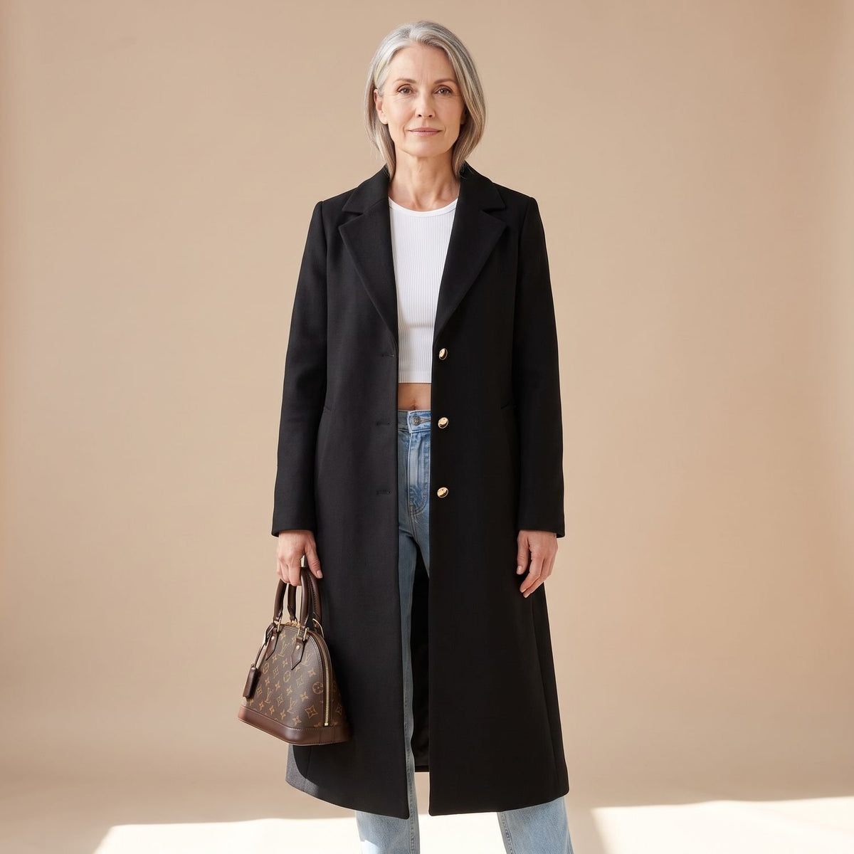 Women's Long Single-Breasted Tailored Wool Coat - Black