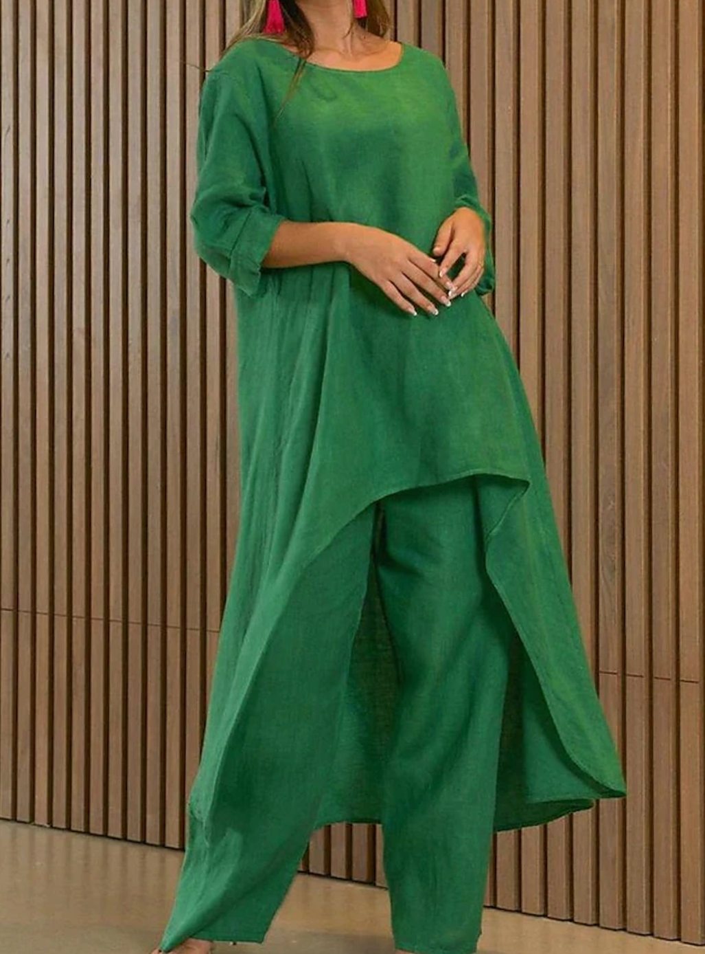 Women's Long-Sleeve Asymmetric Tunic Top Wide-Leg Trousers Two-Piece Set