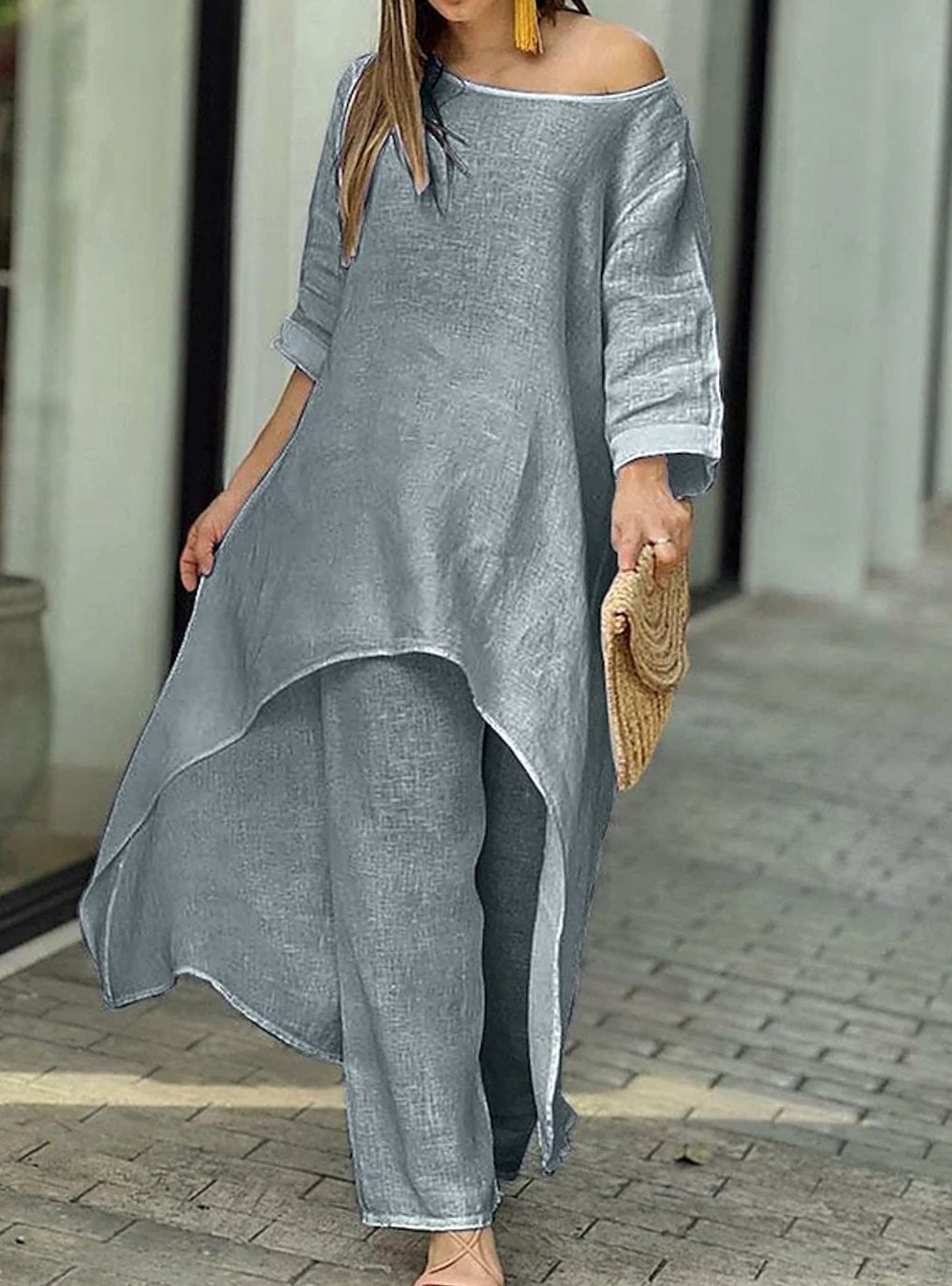 Women's Long-Sleeve Asymmetric Tunic Top Wide-Leg Trousers Two-Piece Set - Grey