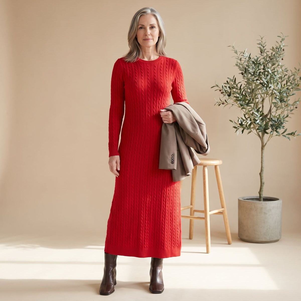 Women's Long Sleeve Cable-Knit Elegant Maxi Dress - Red