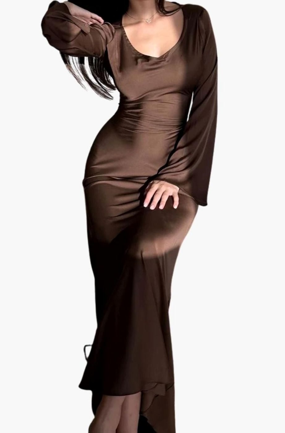 Women's Long Sleeve Fitted Formal Satin Mermaid Maxi Dress