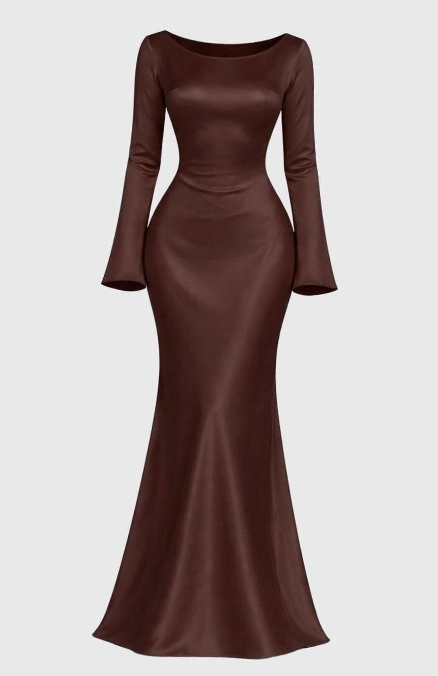 Women's Long Sleeve Fitted Formal Satin Mermaid Maxi Dress - Brown