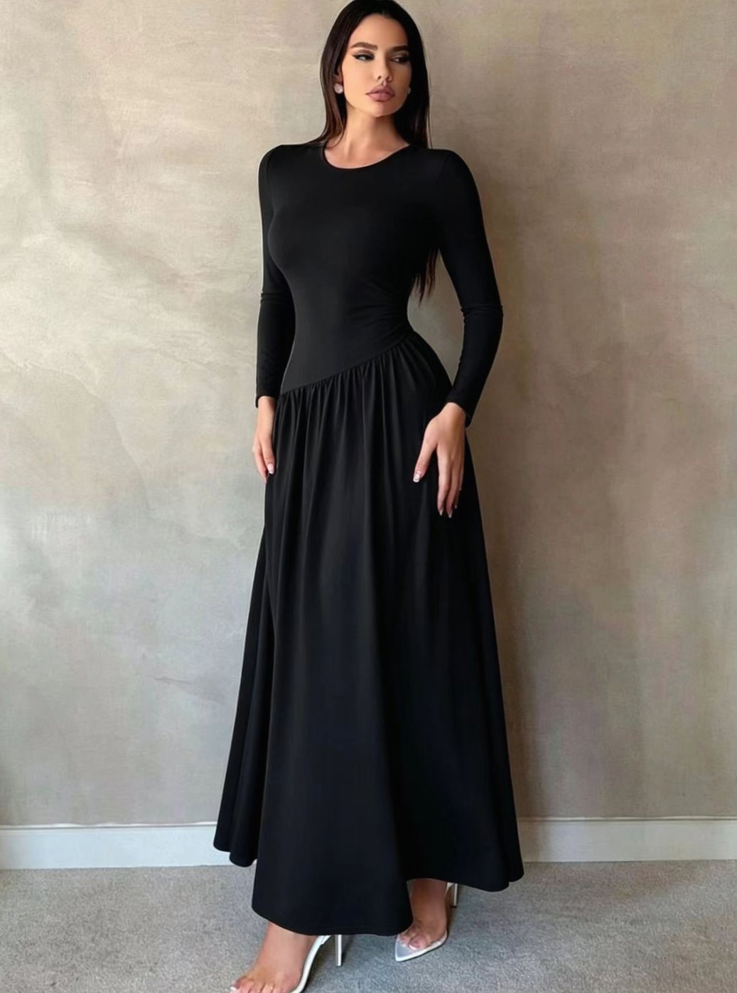 Women's Long Sleeve Gathered-Waist Flared Maxi Dress - Black