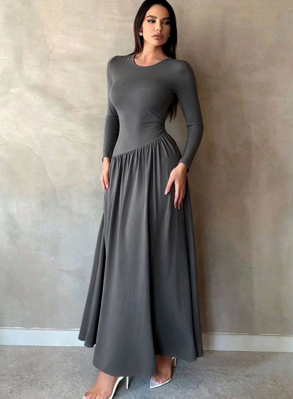 Women's Long Sleeve Gathered-Waist Flared Maxi Dress - Grey