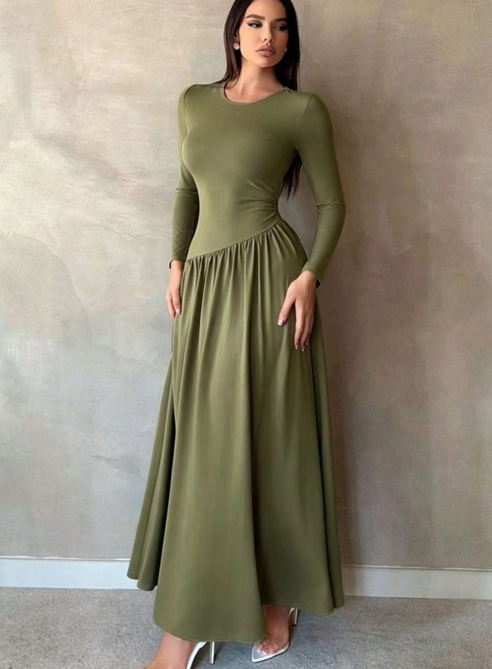 Women's Long Sleeve Gathered-Waist Flared Maxi Dress - Olive