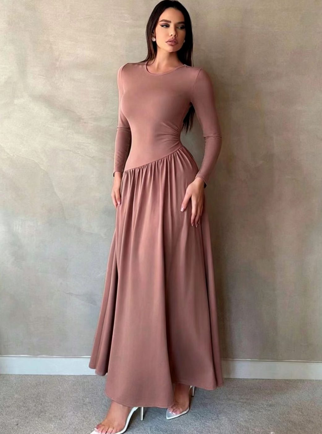 Women's Long Sleeve Gathered-Waist Flared Maxi Dress - Mauve