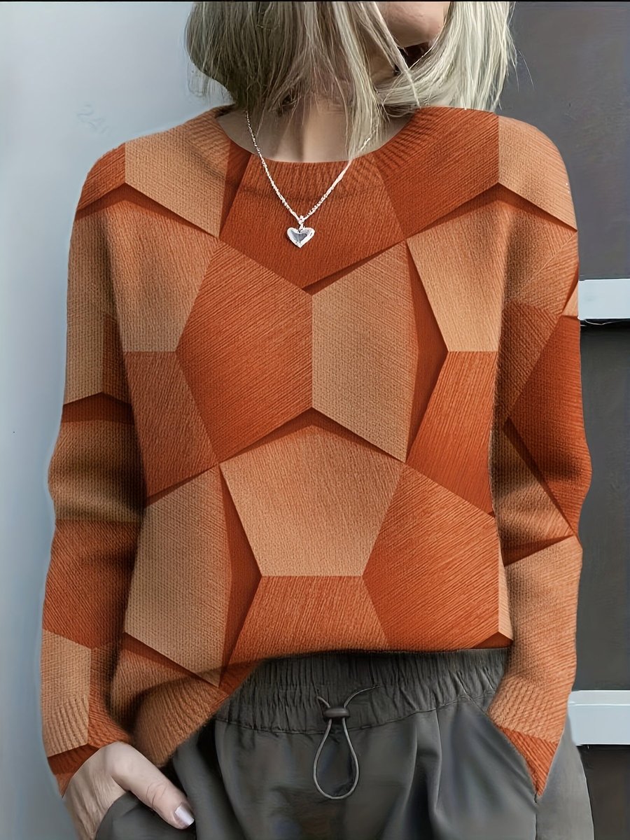 Women's Long Sleeve Geometric Print Knit Sweater Round Neck - Orange