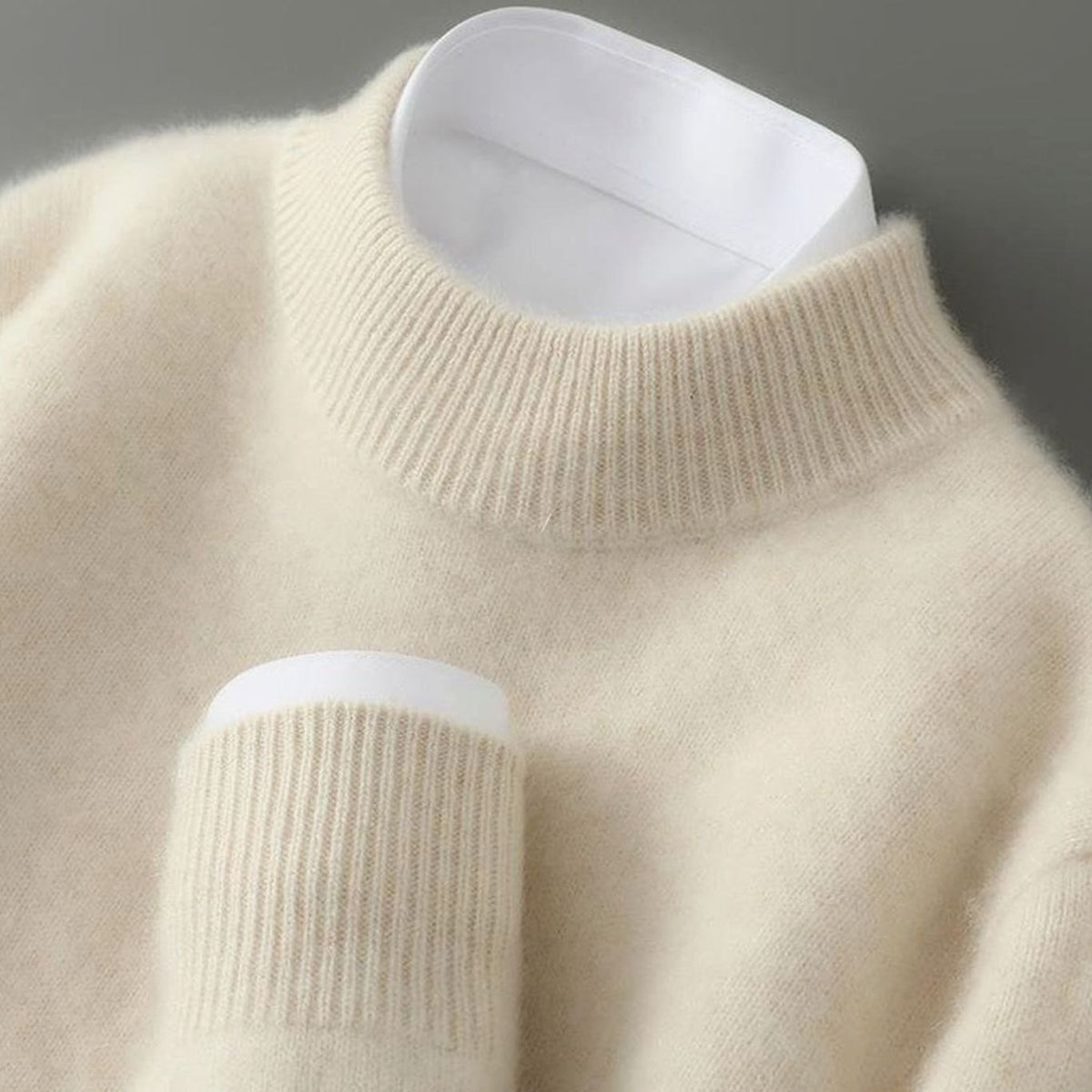 Women's Long Sleeve Knitted Jumper Mock Neck Fine Knit Top - Cream
