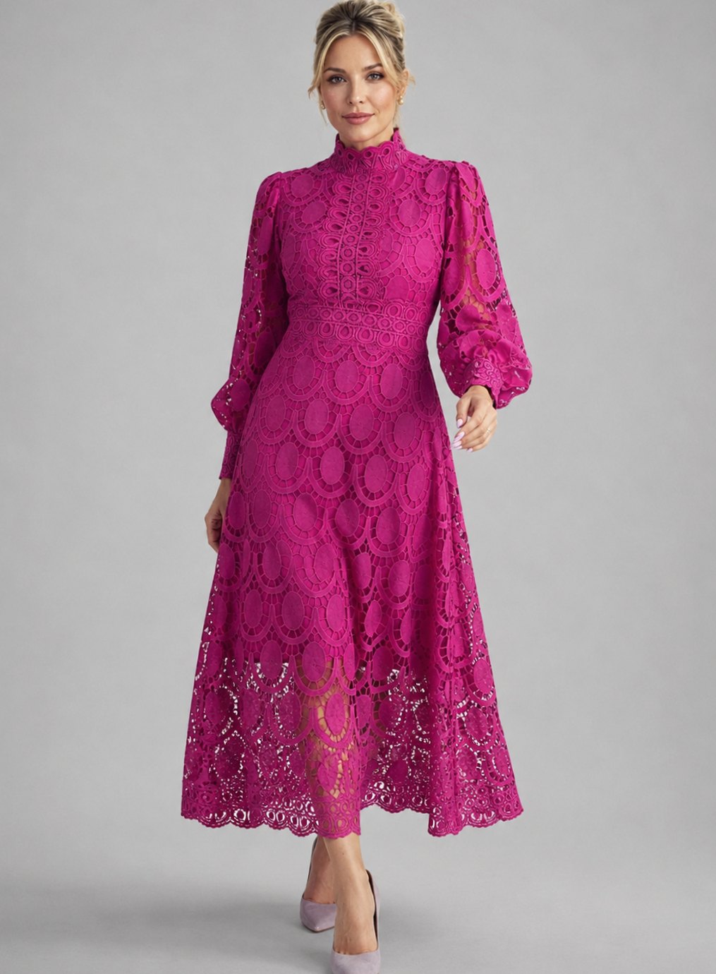 Women's Long-Sleeve Lace Midi Dress Mock-Neck A-Line - Pink