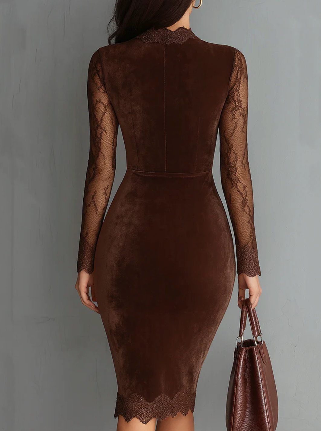 Women's Long Sleeve Lace Velvet Bodycon Midi Dress