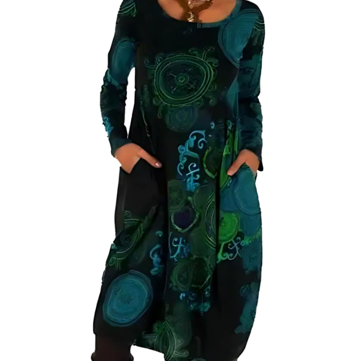 Women's Long-Sleeve Relaxed Midi Dress Allover Print Pockets - Blue