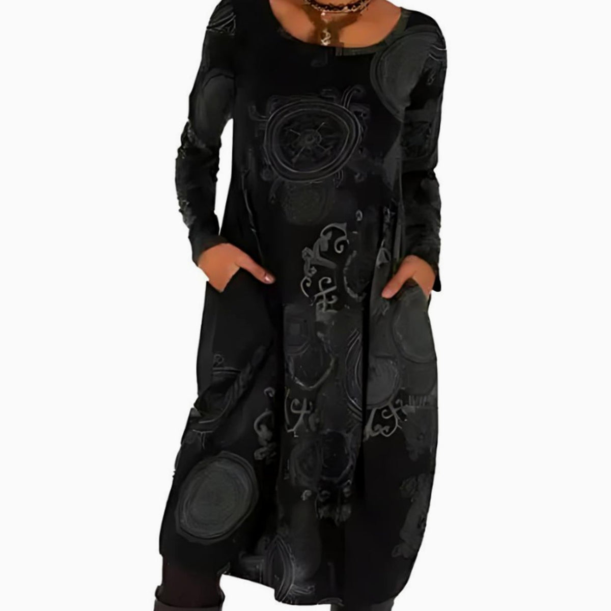Women's Long-Sleeve Relaxed Midi Dress Allover Print Pockets - Black