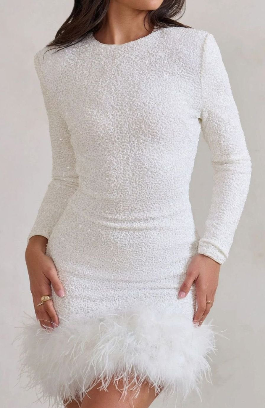Women's Long-Sleeve Sequin Feather-Hem Christmas Party Mini Dress