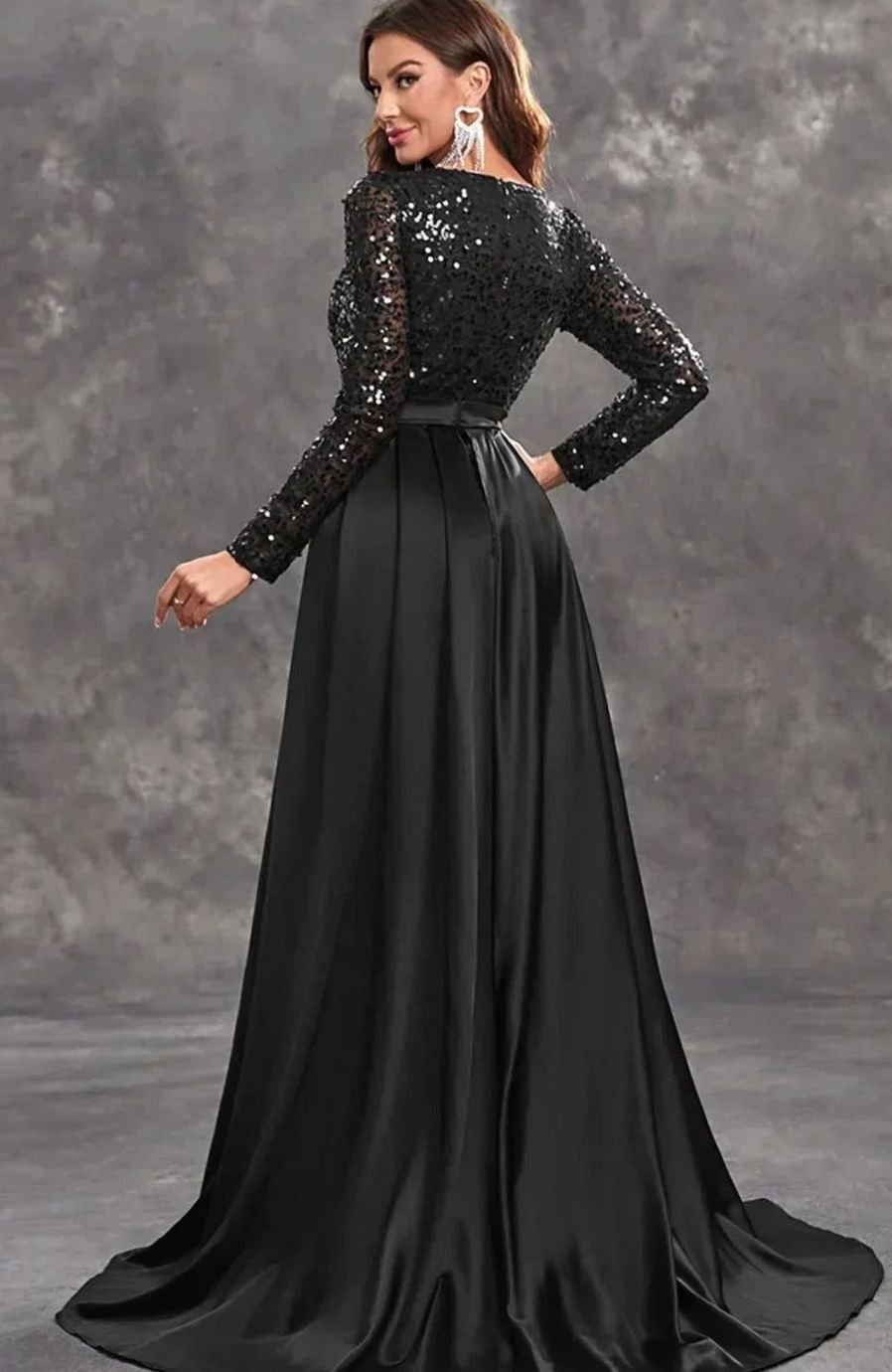 Women's Long Sleeve Sequin Maxi Evening Gown Flowing Skirt