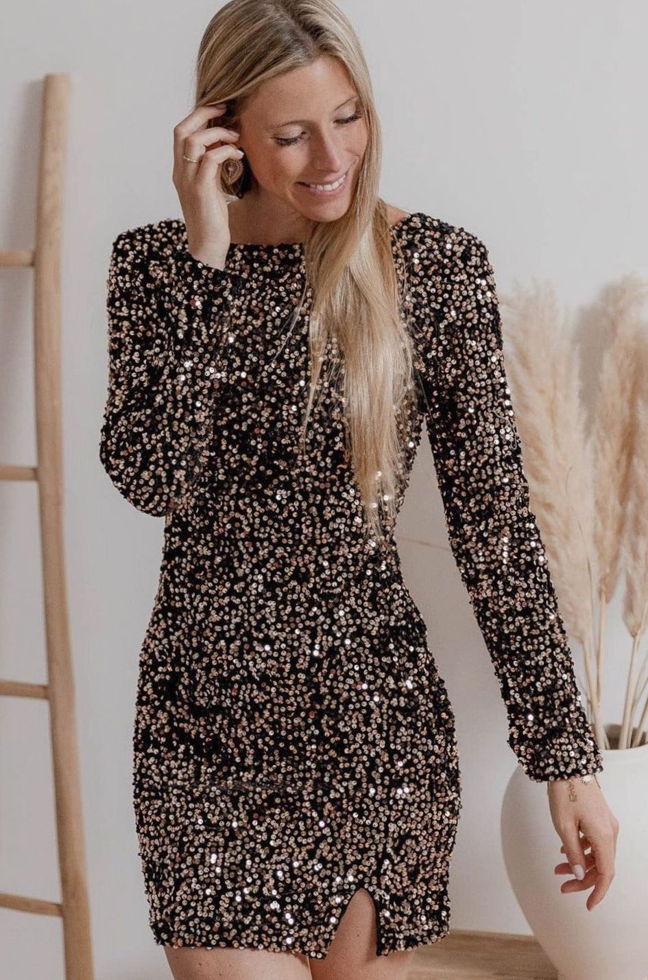 Women's Long-Sleeve Sequin Mini Dress Thigh-High Split