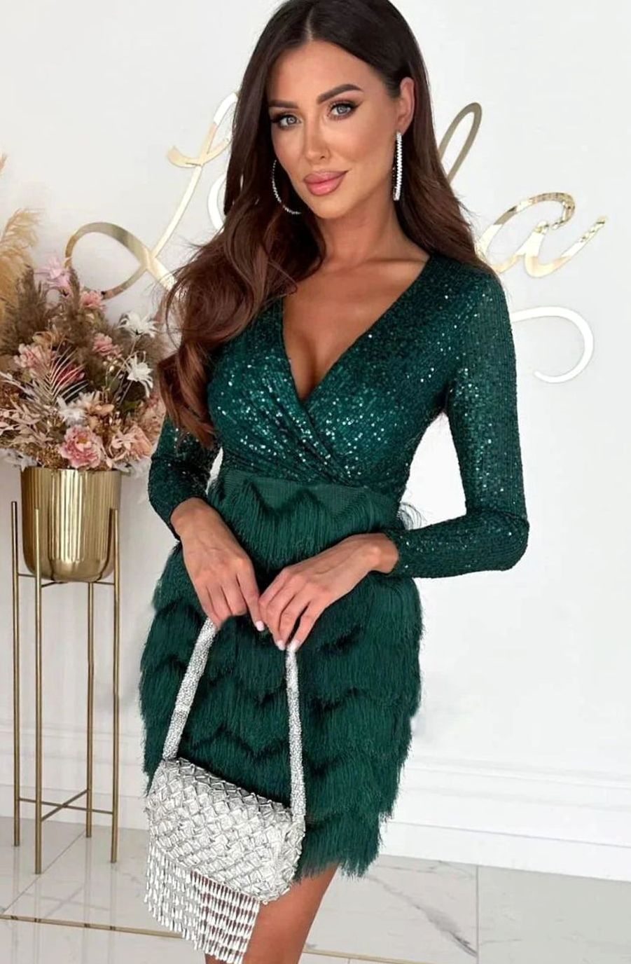 Women's Long Sleeve Sequin Mini Dress V-Neck Wrap - Green
