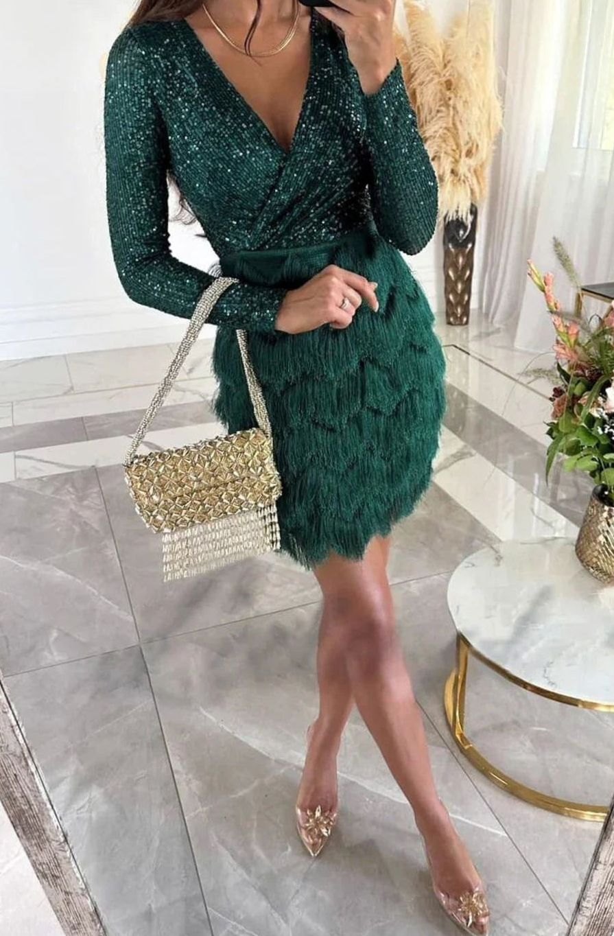 Women's Long Sleeve Sequin Mini Dress V-Neck Wrap