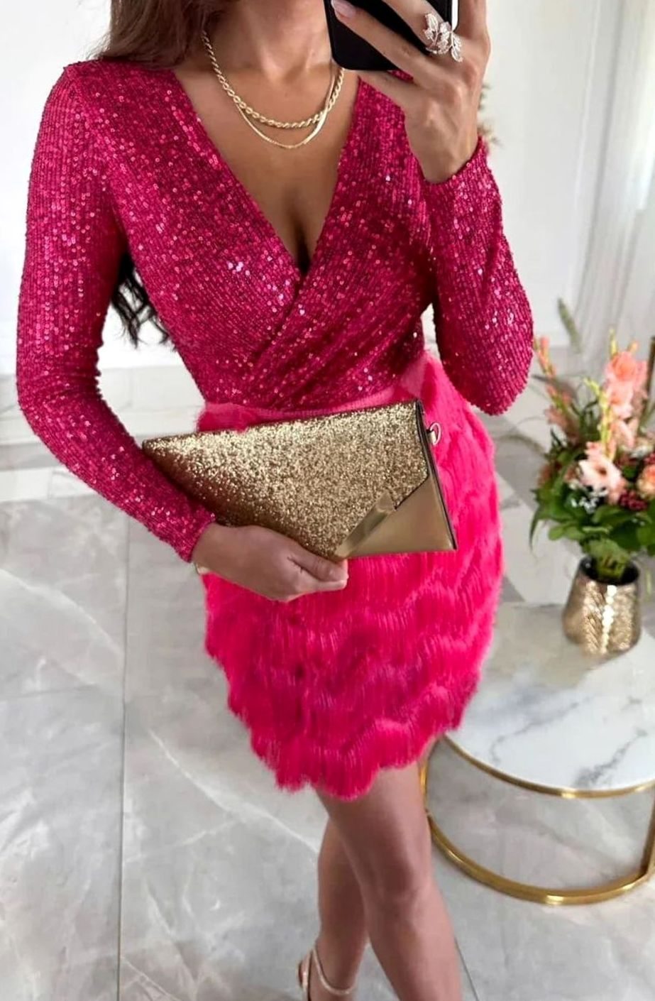 Women's Long Sleeve Sequin Mini Dress V-Neck Wrap