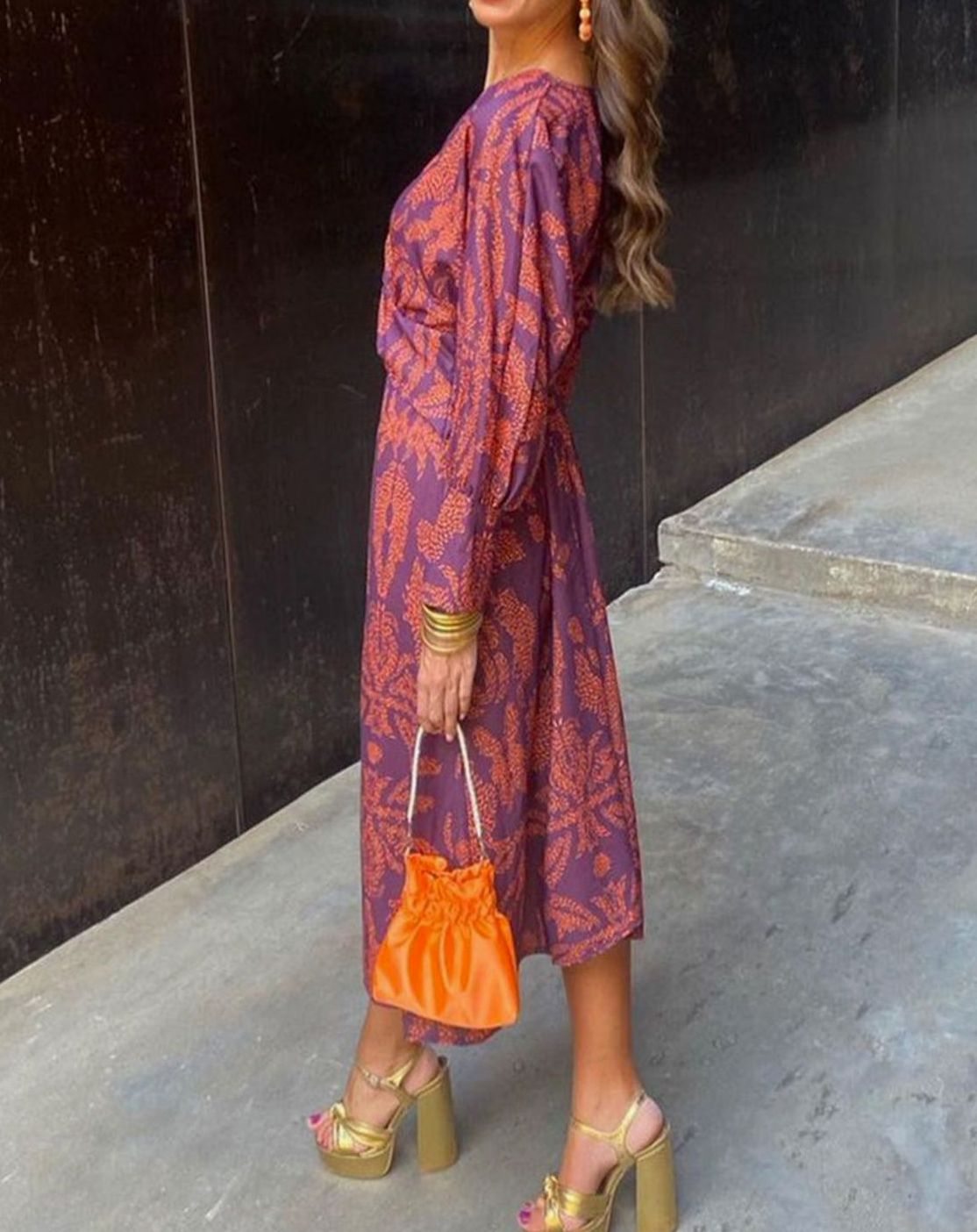 Women's Long-Sleeve V-Neck Twist-Front Printed Maxi Dress - Purple