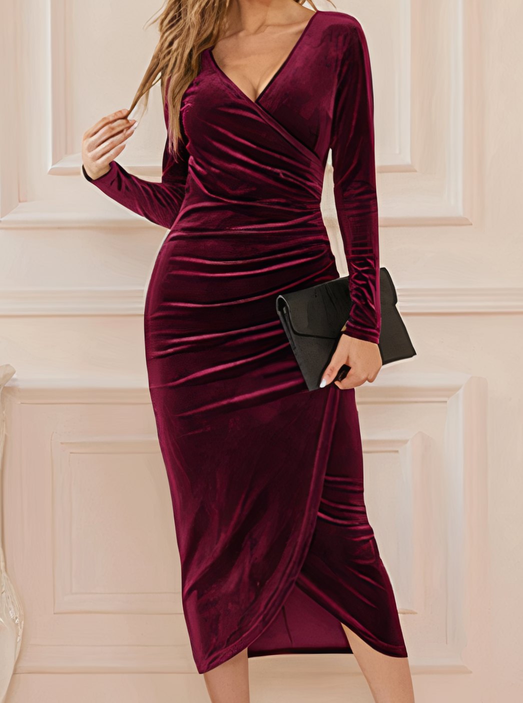 Women's Long-Sleeve Velvet Dress Ruched Wrap V-Neck Midi - Red