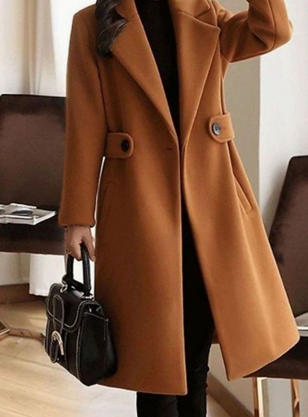 Women's Longline Belted Notch-Lapel Formal Winter Coat - Brown