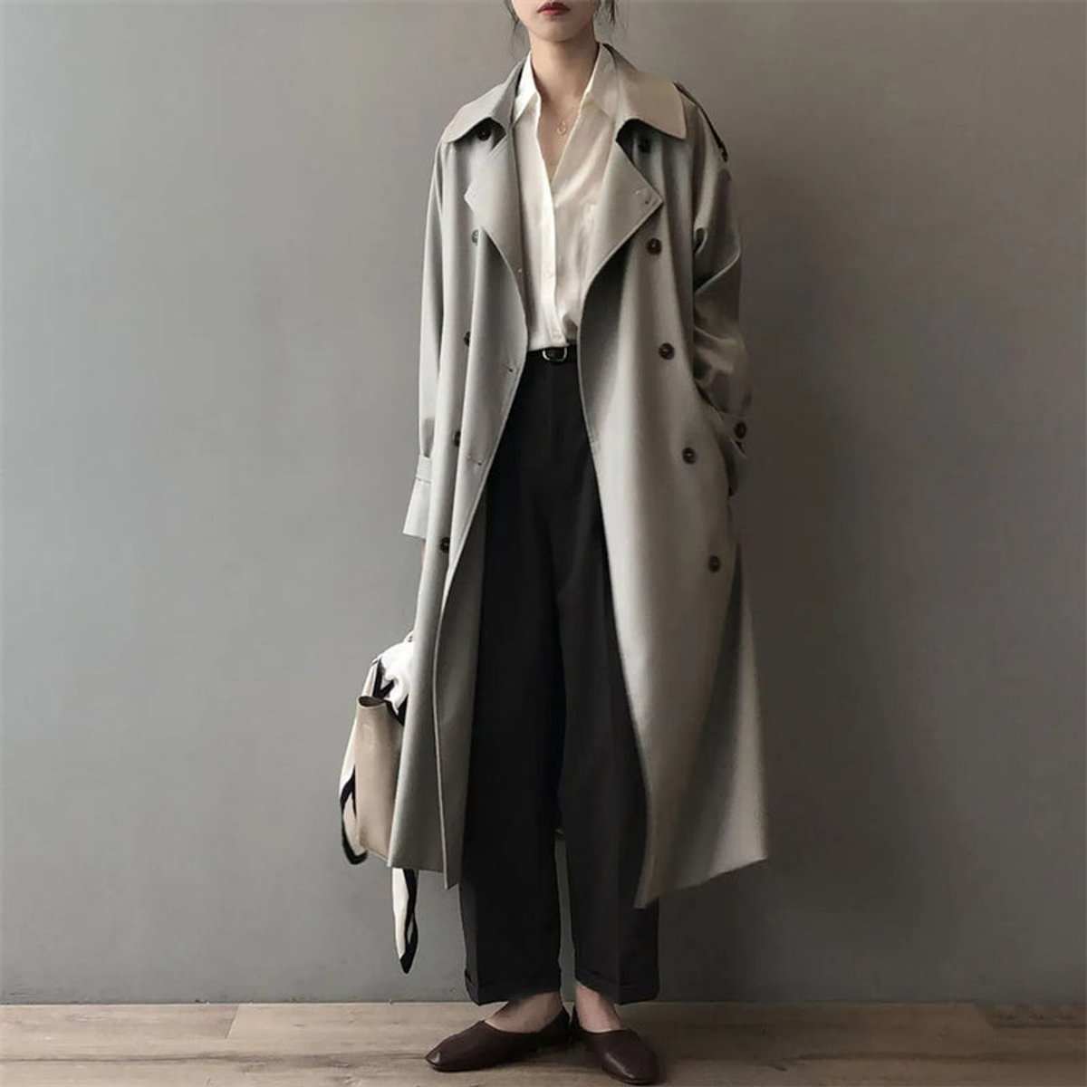 Women's Longline Double-Breasted Water-Repellent Trench Coat - Grey