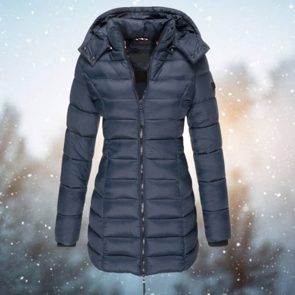 Women's Longline Hooded Insulated Quilted Jacket - Navy Blue