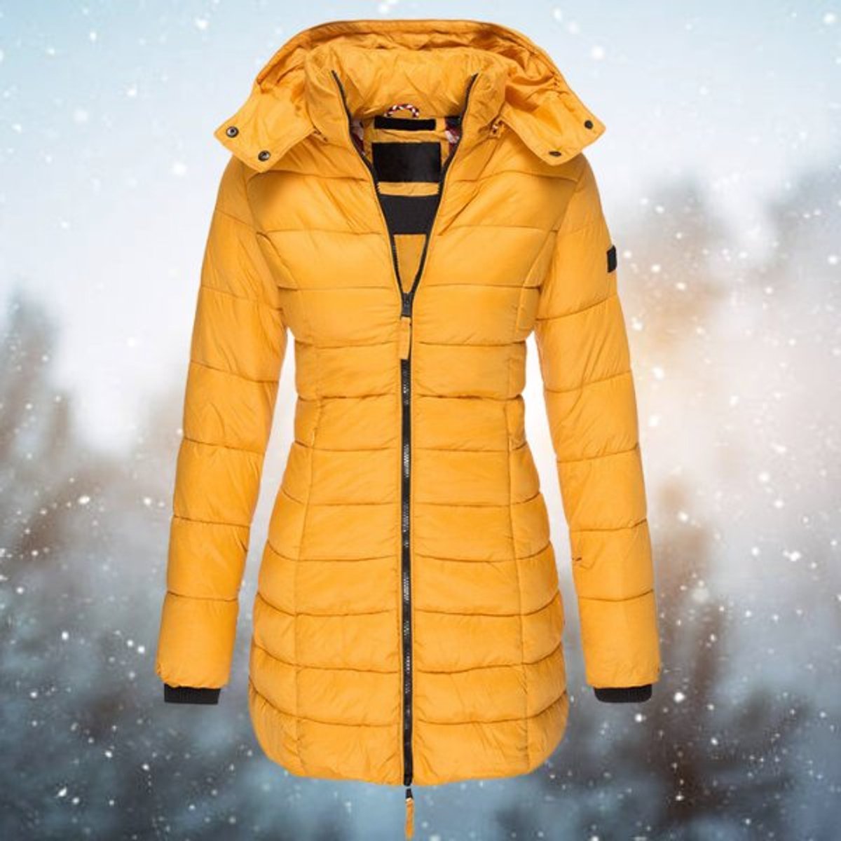 Women's Longline Hooded Insulated Quilted Jacket - Yellow