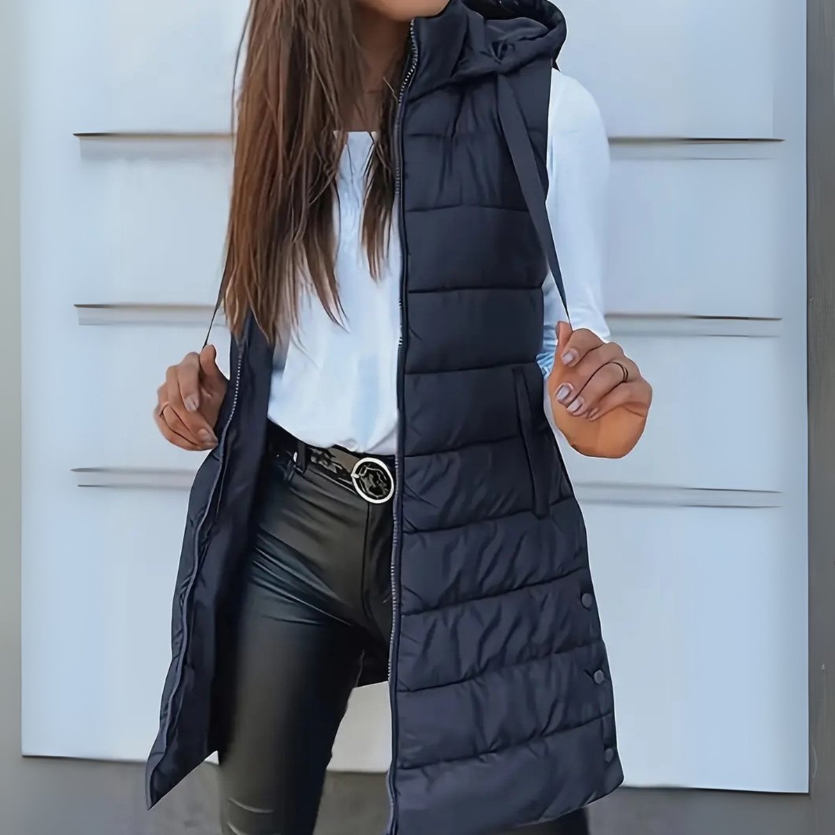 Women's Longline Hooded Sleeveless Puffer Vest - Navy Blue