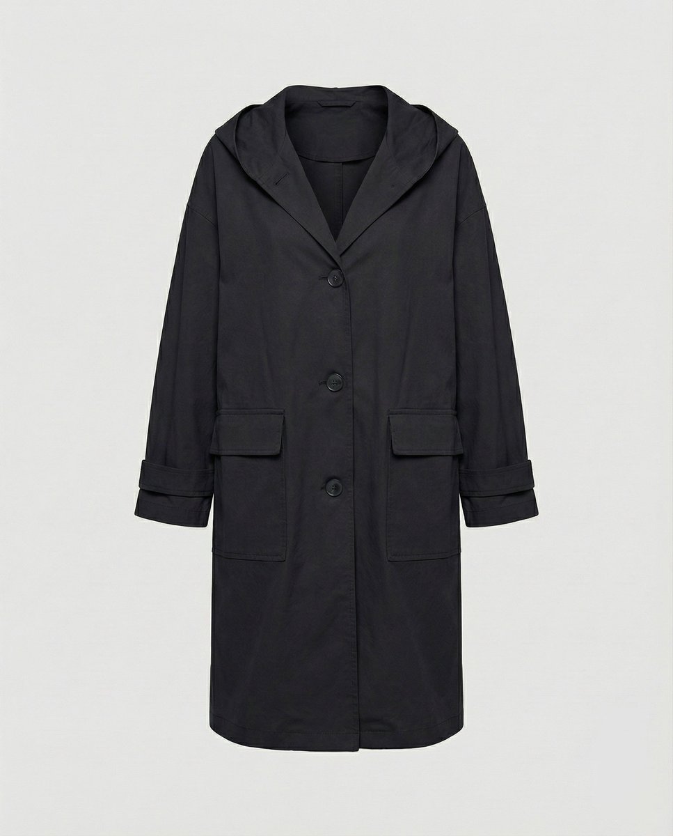 Women's Longline Hooded Waterproof Windproof Trench Coat - Black