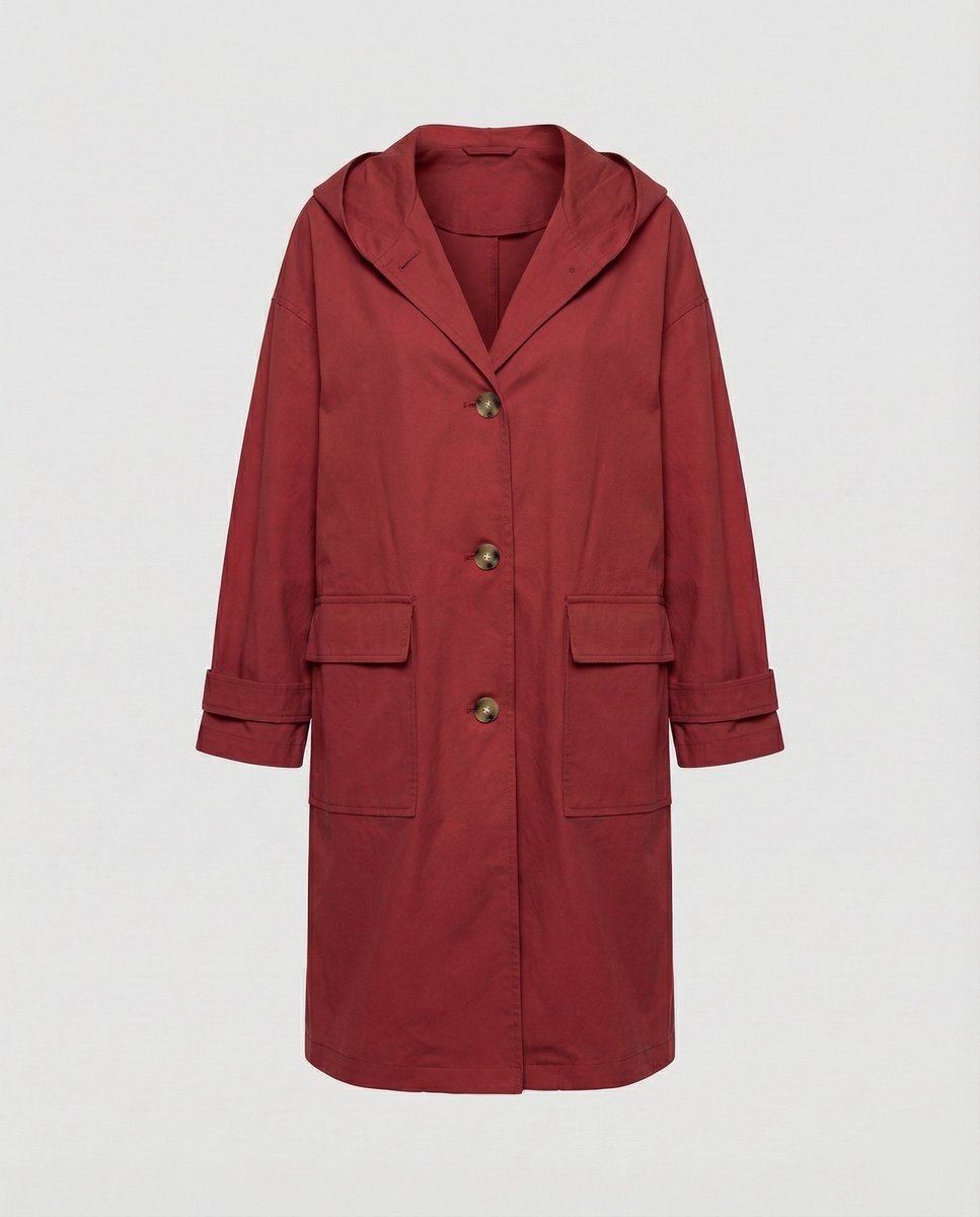 Women's Longline Hooded Waterproof Windproof Trench Coat - Red